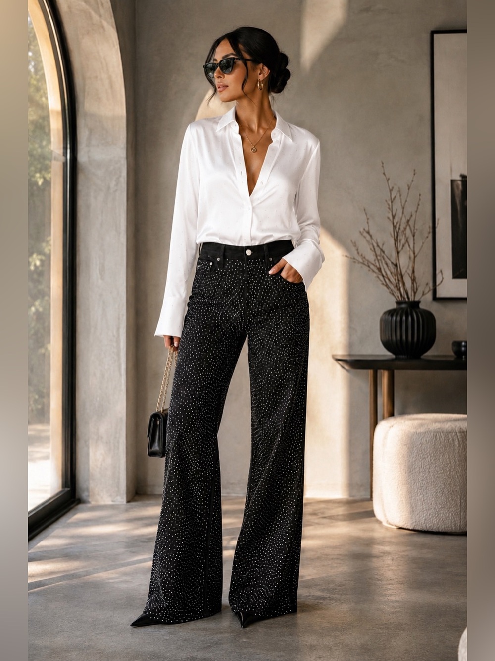 GOOD AMERICAN Black Good Ease Rhinestone-Embellished Wide-Leg Jeans Size 6 and 8